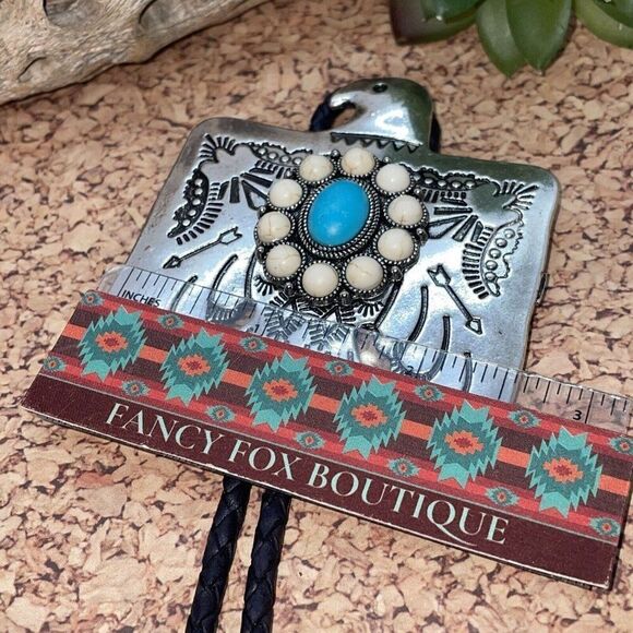 Unique Thunderbird T-Bird White Blue Turquoise Concho Lariat Bolo Tie Wedding - Picture 8 of 16